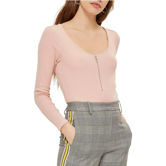 Pink ring pull zipper ribbed bodysuit - Picture 2 of 9